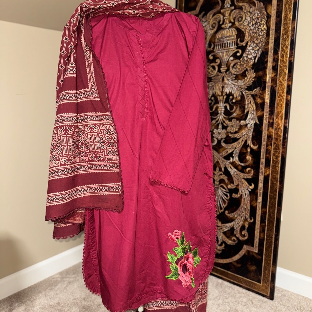 Pakistani 3 piece cotton dress with Ajrak vegan dye dopata